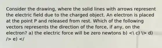 Consider the drawing, where the solid lines with arrows represent the electric field due to the charged object. An electron is placed at the point P and released from rest. Which of the following vectors represents the direction of the force, if any, on the electron? a) the electric force will be zero newtons b) d) /> e) </