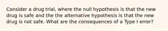 Consider a drug trial, where the null hypothesis is that the new drug is safe and the the alternative hypothesis is that the new drug is not safe. What are the consequences of a Type I error?