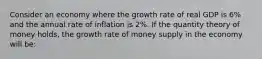 Consider an economy where the growth rate of real GDP is​ 6% and the annual rate of inflation is​ 2%. If the quantity theory of money​ holds, the growth rate of money supply in the economy will​ be: