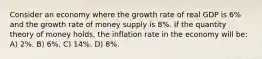 Consider an economy where the growth rate of real GDP is 6% and the growth rate of money supply is 8%. If the quantity theory of money holds, the inflation rate in the economy will be: A) 2%. B) 6%. C) 14%. D) 8%.