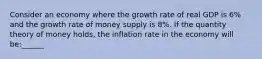 Consider an economy where the growth rate of real GDP is 6% and the growth rate of money supply is 8%. If the quantity theory of money holds, the inflation rate in the economy will be:______