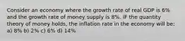 Consider an economy where the growth rate of real GDP is 6% and the growth rate of money supply is 8%. IF the quantity theory of money holds, the inflation rate in the economy will be: a) 8% b) 2% c) 6% d) 14%