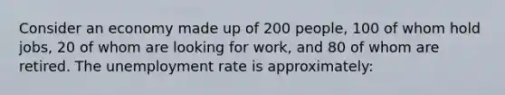 Consider an economy made up of 200 people, 100 of whom hold jobs, 20 of whom are looking for work, and 80 of whom are retired. The unemployment rate is approximately: