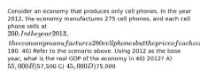 Consider an economy that produces only cell phones. In the year 2012, the economy manufactures 275 cell phones, and each cell phone sells at 200. In the year 2013, the economy manufactures 280 cell phones but the price of each cell phone falls to180. 40) Refer to the scenario above. Using 2012 as the base year, what is the real GDP of the economy in 40) 2012? A) 55,000 B)57,500 C) 45,000 D)75,000