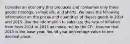 Consider an economy that produces and consumes only three goods: hotdogs, volleyballs, and shorts. We have the following information on the prices and quantities of theses goods in 2014 and 2015. Use the information to calculate the rate of inflation from from 2014 to 2015 as measured by the CPI. Assume that 2015 is the base year. Round your percentage value to one decimal place.