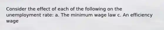 Consider the effect of each of the following on the unemployment​ rate: a. The minimum wage law c. An efficiency wage