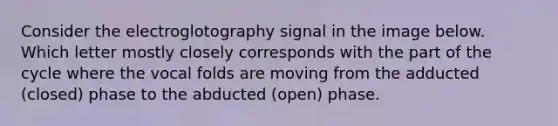 Consider the electroglotography signal in the image below. Which letter mostly closely corresponds with the part of the cycle where the vocal folds are moving from the adducted (closed) phase to the abducted (open) phase.