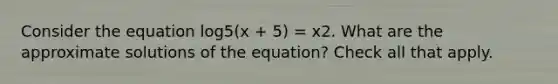 Consider the equation log5(x + 5) = x2. What are the approximate solutions of the equation? Check all that apply.