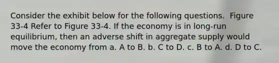 Consider the exhibit below for the following questions. ​ Figure 33-4 Refer to Figure 33-4. If the economy is in long-run equilibrium, then an adverse shift in aggregate supply would move the economy from a. A to B. b. C to D. c. B to A. d. D to C.