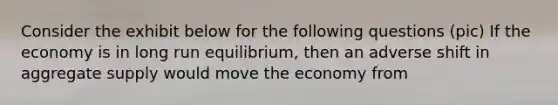 Consider the exhibit below for the following questions (pic) If the economy is in long run equilibrium, then an adverse shift in aggregate supply would move the economy from