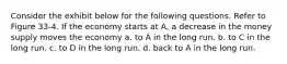 Consider the exhibit below for the following questions. Refer to Figure 33-4. If the economy starts at A, a decrease in the money supply moves the economy a. to A in the long run. b. to C in the long run. c. to D in the long run. d. back to A in the long run.