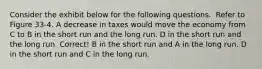 Consider the exhibit below for the following questions. ​ Refer to Figure 33-4. A decrease in taxes would move the economy from C to B in the short run and the long run. D in the short run and the long run. Correct! B in the short run and A in the long run. D in the short run and C in the long run.