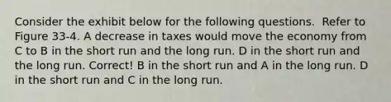 Consider the exhibit below for the following questions. ​ Refer to Figure 33-4. A decrease in taxes would move the economy from C to B in the short run and the long run. D in the short run and the long run. Correct! B in the short run and A in the long run. D in the short run and C in the long run.