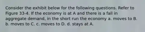 Consider the exhibit below for the following questions. Refer to Figure 33-4. If the economy is at A and there is a fall in aggregate demand, in the short run the economy a. moves to B. b. moves to C. c. moves to D. d. stays at A.