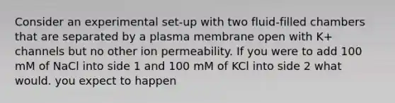 Consider an experimental set-up with two fluid-filled chambers that are separated by a plasma membrane open with K+ channels but no other ion permeability. If you were to add 100 mM of NaCl into side 1 and 100 mM of KCl into side 2 what would. you expect to happen