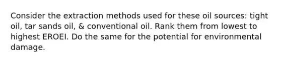 Consider the extraction methods used for these oil sources: tight oil, tar sands oil, & conventional oil. Rank them from lowest to highest EROEI. Do the same for the potential for environmental damage.