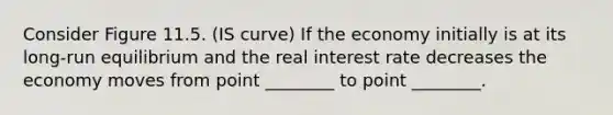 Consider Figure 11.5. (IS curve) If the economy initially is at its long-run equilibrium and the real interest rate decreases the economy moves from point ________ to point ________.