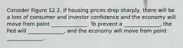 Consider Figure 12.2. If housing prices drop sharply, there will be a loss of consumer and investor confidence and the economy will move from point ______________. To prevent a ______________, the Fed will ______________, and the economy will move from point ______________.