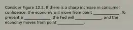 Consider Figure 12.2. If there is a sharp increase in consumer confidence, the economy will move from point ______________. To prevent a ______________, the Fed will ______________, and the economy moves from point ______________.