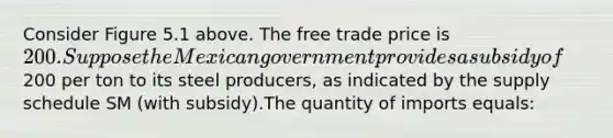 Consider Figure 5.1 above. The free trade price is 200. Suppose the Mexican government provides a subsidy of200 per ton to its steel producers, as indicated by the supply schedule SM (with subsidy).The quantity of imports equals: