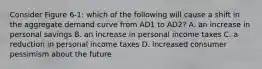 Consider Figure 6-1: which of the following will cause a shift in the aggregate demand curve from AD1 to AD2? A. an increase in personal savings B. an increase in personal income taxes C. a reduction in personal income taxes D. increased consumer pessimism about the future