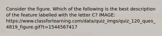 Consider the figure. Which of the following is the best description of the feature labelled with the letter C? IMAGE: https://www.classforlearning.com/data/quiz_imgs/quiz_120_ques_4819_figure.gif?t=1544567417