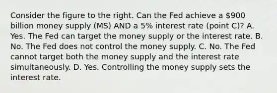 Consider the figure to the right. Can the Fed achieve a​ 900 billion money supply​ (MS) AND a​ 5% interest rate​ (point C)? A. Yes. The Fed can target the money supply or the interest rate. B. No. The Fed does not control the money supply. C. No. The Fed cannot target both the money supply and the interest rate simultaneously. D. Yes. Controlling the money supply sets the interest rate.