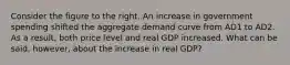 Consider the figure to the right. An increase in government spending shifted the aggregate demand curve from AD1 to AD2. As a result, both price level and real GDP increased. What can be said, however, about the increase in real GDP?