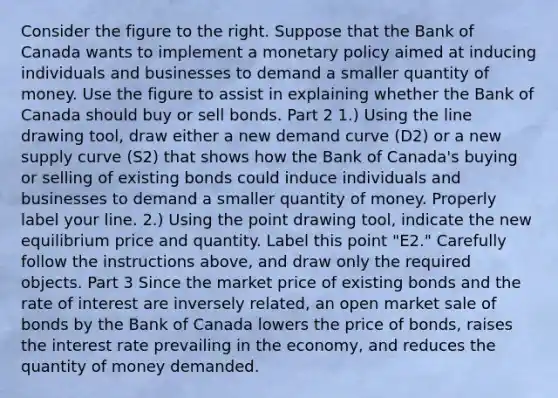 Consider the figure to the right. Suppose that the Bank of Canada wants to implement a monetary policy aimed at inducing individuals and businesses to demand a smaller quantity of money. Use the figure to assist in explaining whether the Bank of Canada should buy or sell bonds. Part 2 ​1.) Using the line drawing tool​, draw either a new demand curve ​(D2​) or a new supply curve ​(S2​) that shows how the Bank of​ Canada's buying or selling of existing bonds could induce individuals and businesses to demand a smaller quantity of money. Properly label your line. ​2.) Using the point drawing tool​, indicate the new equilibrium price and quantity. Label this point ​"E2​." Carefully follow the instructions​ above, and draw only the required objects. Part 3 Since the market price of existing bonds and the rate of interest are inversely ​related, an open market sale of bonds by the Bank of Canada lowers the price of​ bonds, raises the interest rate prevailing in the​ economy, and reduces the quantity of money demanded.