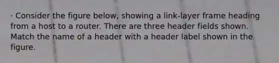 · Consider the figure below, showing a link-layer frame heading from a host to a router. There are three header fields shown. Match the name of a header with a header label shown in the figure.