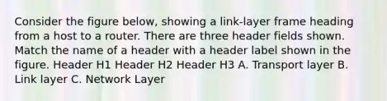 Consider the figure below, showing a link-layer frame heading from a host to a router. There are three header fields shown. Match the name of a header with a header label shown in the figure. Header H1 Header H2 Header H3 A. Transport layer B. Link layer C. Network Layer