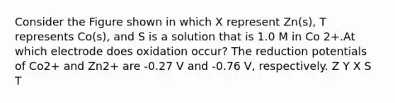 Consider the Figure shown in which X represent Zn(s), T represents Co(s), and S is a solution that is 1.0 M in Co 2+.At which electrode does oxidation occur? The reduction potentials of Co2+ and Zn2+ are -0.27 V and -0.76 V, respectively. Z Y X S T