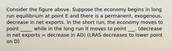 Consider the figure above. Suppose the economy begins in long run equilibrium at point E and there is a permanent, exogenous, decrease in net exports. In the short run, the economy moves to point _____ while in the long run it moves to point ___. (decrease in net exports = decrease in AD) (LRAS decreases to lower point on D)