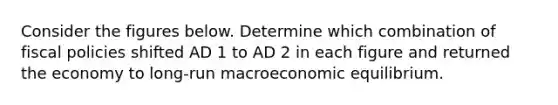 Consider the figures below. Determine which combination of fiscal policies shifted AD 1 to AD 2 in each figure and returned the economy to​ long-run macroeconomic equilibrium.