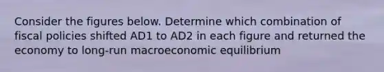 Consider the figures below. Determine which combination of fiscal policies shifted AD1 to AD2 in each figure and returned the economy to long-run macroeconomic equilibrium