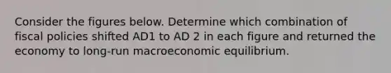 Consider the figures below. Determine which combination of fiscal policies shifted AD1 to AD 2 in each figure and returned the economy to​ long-run macroeconomic equilibrium.