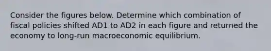 Consider the figures below. Determine which combination of fiscal policies shifted AD1 to AD2 in each figure and returned the economy to​ long-run macroeconomic equilibrium.