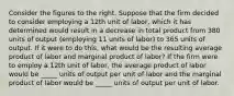 Consider the figures to the right. Suppose that the firm decided to consider employing a 12th unit of​ labor, which it has determined would result in a decrease in total product from 380 units of output​ (employing 11 units of​ labor) to 365 units of output. If it were to do​ this, what would be the resulting average product of labor and marginal product of​ labor? If the firm were to employ a 12th unit of​ labor, the average product of labor would be _____ units of output per unit of labor and the marginal product of labor would be _____ units of output per unit of labor.