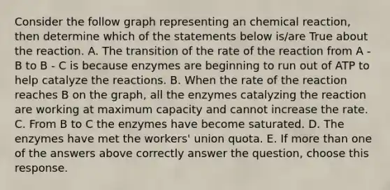 Consider the follow graph representing an chemical reaction, then determine which of the statements below is/are True about the reaction. A. The transition of the rate of the reaction from A - B to B - C is because enzymes are beginning to run out of ATP to help catalyze the reactions. B. When the rate of the reaction reaches B on the graph, all the enzymes catalyzing the reaction are working at maximum capacity and cannot increase the rate. C. From B to C the enzymes have become saturated. D. The enzymes have met the workers' union quota. E. If more than one of the answers above correctly answer the question, choose this response.