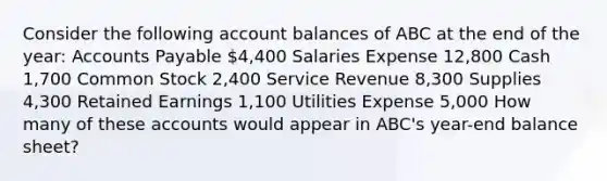 Consider the following account balances of ABC at the end of the year: Accounts Payable 4,400 Salaries Expense 12,800 Cash 1,700 Common Stock 2,400 Service Revenue 8,300 Supplies 4,300 Retained Earnings 1,100 Utilities Expense 5,000 How many of these accounts would appear in ABC's year-end balance sheet?