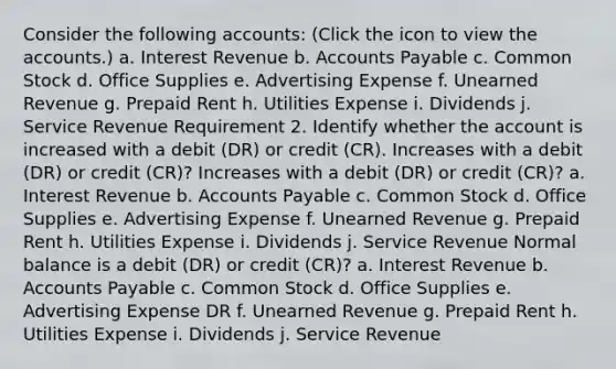 Consider the following​ accounts: (Click the icon to view the​ accounts.) a. Interest Revenue b. Accounts Payable c. Common Stock d. Office Supplies e. Advertising Expense f. Unearned Revenue g. Prepaid Rent h. Utilities Expense i. Dividends j. Service Revenue Requirement 2. Identify whether the account is increased with a debit​ (DR) or credit​ (CR). Increases with a debit (DR) or credit (CR)? Increases with a debit (DR) or credit (CR)? a. Interest Revenue b. Accounts Payable c. Common Stock d. Office Supplies e. Advertising Expense f. Unearned Revenue g. Prepaid Rent h. Utilities Expense i. Dividends j. Service Revenue Normal balance is a debit (DR) or credit (CR)? a. Interest Revenue b. Accounts Payable c. Common Stock d. Office Supplies e. Advertising Expense DR f. Unearned Revenue g. Prepaid Rent h. Utilities Expense i. Dividends j. Service Revenue