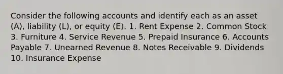 Consider the following accounts and identify each as an asset​ (A), liability​ (L), or equity​ (E). 1. Rent Expense 2. Common Stock 3. Furniture 4. Service Revenue 5. Prepaid Insurance 6. Accounts Payable 7. Unearned Revenue 8. Notes Receivable 9. Dividends 10. Insurance Expense