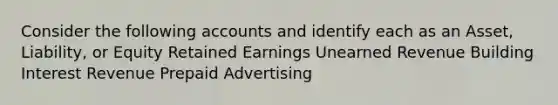 Consider the following accounts and identify each as an Asset, Liability, or Equity Retained Earnings Unearned Revenue Building Interest Revenue Prepaid Advertising