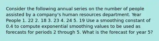 Consider the following annual series on the number of people assisted by a company's human resources department. Year People 1. 22 2. 18 3. 23 4. 24 5. 19 Use a smoothing constant of 0.4 to compute exponential smoothing values to be used as forecasts for periods 2 through 5. What is the forecast for year 5?