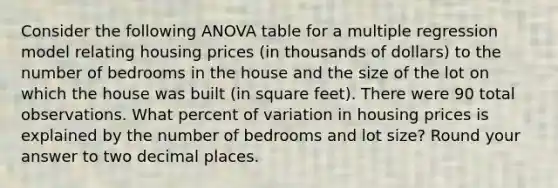 Consider the following ANOVA table for a multiple regression model relating housing prices (in thousands of dollars) to the number of bedrooms in the house and the size of the lot on which the house was built (in square feet). There were 90 total observations. What percent of variation in housing prices is explained by the number of bedrooms and lot size? Round your answer to two decimal places.