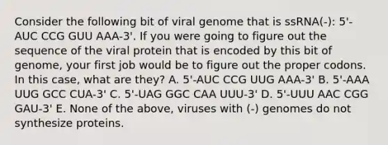 Consider the following bit of viral genome that is ssRNA(-): 5'-AUC CCG GUU AAA-3'. If you were going to figure out the sequence of the viral protein that is encoded by this bit of genome, your first job would be to figure out the proper codons. In this case, what are they? A. 5'-AUC CCG UUG AAA-3' B. 5'-AAA UUG GCC CUA-3' C. 5'-UAG GGC CAA UUU-3' D. 5'-UUU AAC CGG GAU-3' E. None of the above, viruses with (-) genomes do not synthesize proteins.