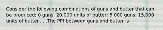 Consider the following combinations of guns and butter that can be produced: 0 guns, 20,000 units of butter; 5,000 guns, 15,000 units of butter......The PPf between guns and butter is