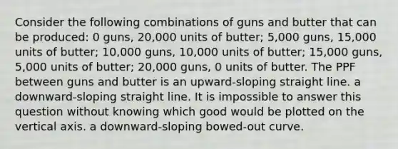 Consider the following combinations of guns and butter that can be produced: 0 guns, 20,000 units of butter; 5,000 guns, 15,000 units of butter; 10,000 guns, 10,000 units of butter; 15,000 guns, 5,000 units of butter; 20,000 guns, 0 units of butter. The PPF between guns and butter is an upward-sloping straight line. a downward-sloping straight line. It is impossible to answer this question without knowing which good would be plotted on the vertical axis. a downward-sloping bowed-out curve.