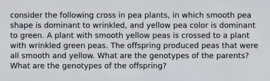 consider the following cross in pea plants, in which smooth pea shape is dominant to wrinkled, and yellow pea color is dominant to green. A plant with smooth yellow peas is crossed to a plant with wrinkled green peas. The offspring produced peas that were all smooth and yellow. What are the genotypes of the parents? What are the genotypes of the offspring?