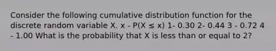 Consider the following cumulative distribution function for the discrete random variable X. x - P(X ≤ x) 1- 0.30 2- 0.44 3 - 0.72 4 - 1.00 What is the probability that X is less than or equal to 2?